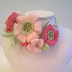 Pink Angora and Cashmere Floral Statement Necklace